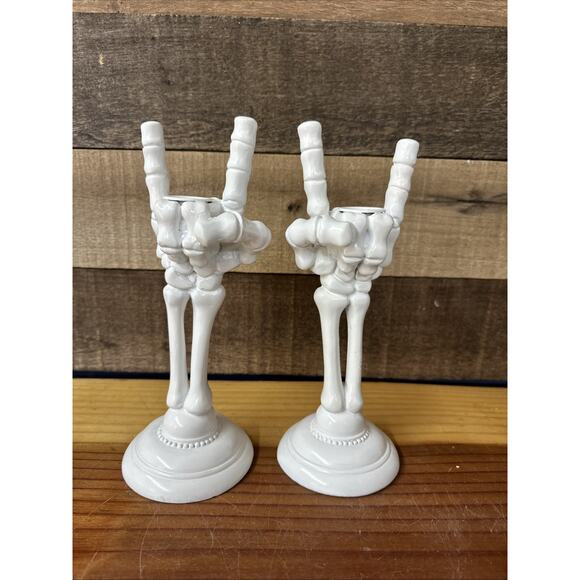 Hyde & EEK Skeleton Hand Candle Holder 9" White Resin Spooky Set Of 2 - Picture 3 of 5